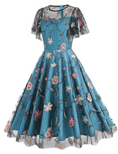 Load image into Gallery viewer, Lake Blue Semi Mesh Rose Embroidered Short Sleeve 50S Swing Dress