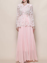 Load image into Gallery viewer, Baby Blue V Neck Long-Sleeve Lace Blouse with Flowy Chiffon Skirt Set