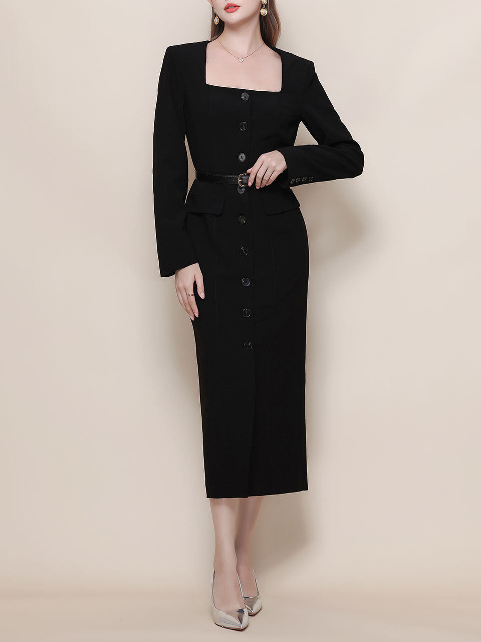 Black Square Collar Long Sleeve Bodycon 1960S Dress, Black / M Black Square Collar Long Sleeve Bodycon 1960S Dress, Black / M