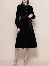 Load image into Gallery viewer, Black Mandarin Collar Velvet Retro Dress