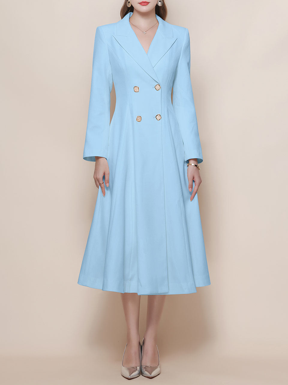White Vintage Style Double Breasted Trench Dress Coat, Blue / XS White Vintage Style Double Breasted Trench Dress Coat, Blue / XS