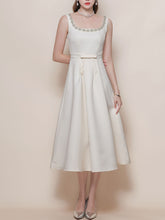 Load image into Gallery viewer, White Satin U Neck Sleeveless Classic 1950S Vintage Wedding Dress with Pearl Detailing
