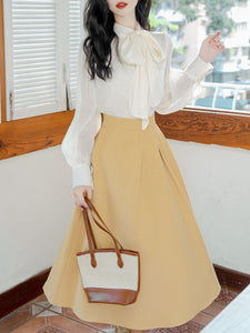 3PS Bowknot Collar Shirt and Yellow 1950S Vintage Coat With Swing Skirt Suit