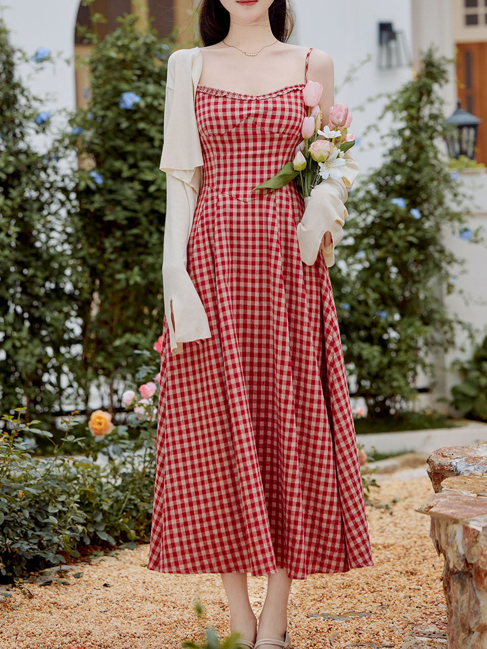 2PS Red Plaid Spaghetti Strap Dress With White Shawl Dress Suit, Red / M 2PS Red Plaid Spaghetti Strap Dress With White Shawl Dress Suit, Red / M