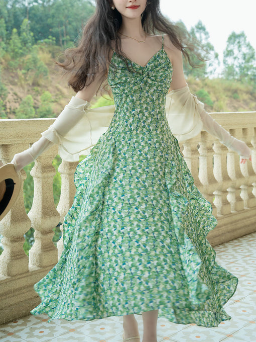 Green Floral Print Ruffles Spaghetti Strap Dress With White Cardigan
