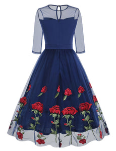 Solid Color Rose Embroidered Crew Neck 1950S Vintage Swing Dress
