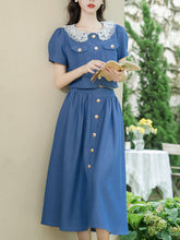 Load image into Gallery viewer, 2PS Blue Lace Peter Pan Collar Short Sleeve Shirt With Skirt Suits