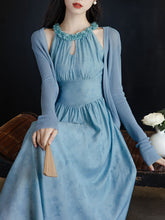 Load image into Gallery viewer, 2PS Blue Floral Printed Jacaranda Flower Crew Neck Retro Girdle Dress With Cardigan Suit