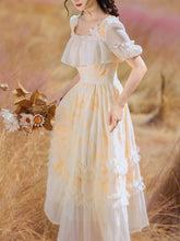 Load image into Gallery viewer, Yellow Square Neck Ruffle Short Sleeve Vintage Fairy Dress