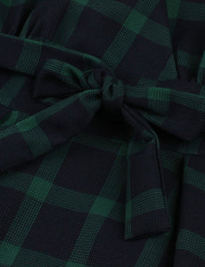Emerald Green Plaid V Neck 1950s Swing Dress With Belt