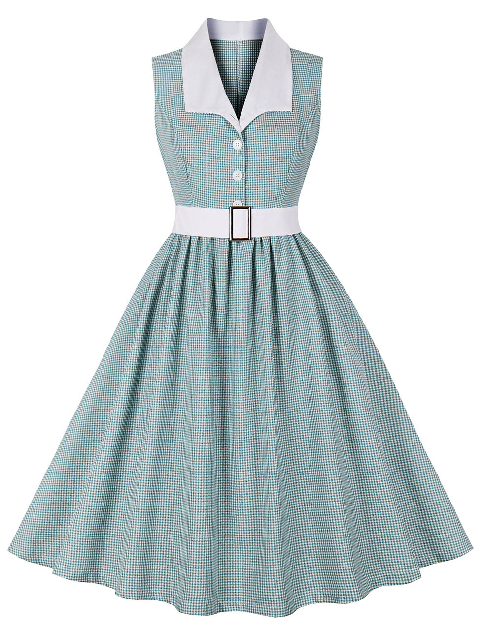 Green Houndstooth Plaid V Neck 1950s Swing Dress With Belt – Jolly Vintage