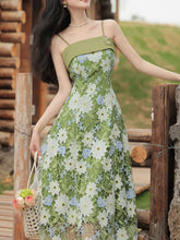 Load image into Gallery viewer, 1940S Green Lace Embroidered Spaghetti Strap Vintage Dress