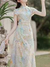 Load image into Gallery viewer, Light Green Burnout Print Cap Sleeve Cheongsam Dress