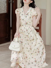 Load image into Gallery viewer, Apricot V Neck Floral Ruffles Cottagecore Puff Sleeve Vintage Dress