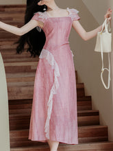 Load image into Gallery viewer, Pink Square Collar Lace Puff Sleeve Vintage Dress