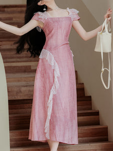 Pink Square Collar Lace Puff Sleeve Vintage Dress