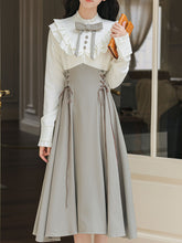 Load image into Gallery viewer, Grey Fake 2-Piece Vintage Ruffle Collar Bow Shirt Dress