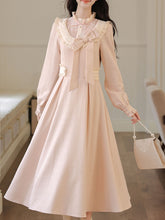 Load image into Gallery viewer, Vintage Pink Bow Long Sleeve Swing Dress