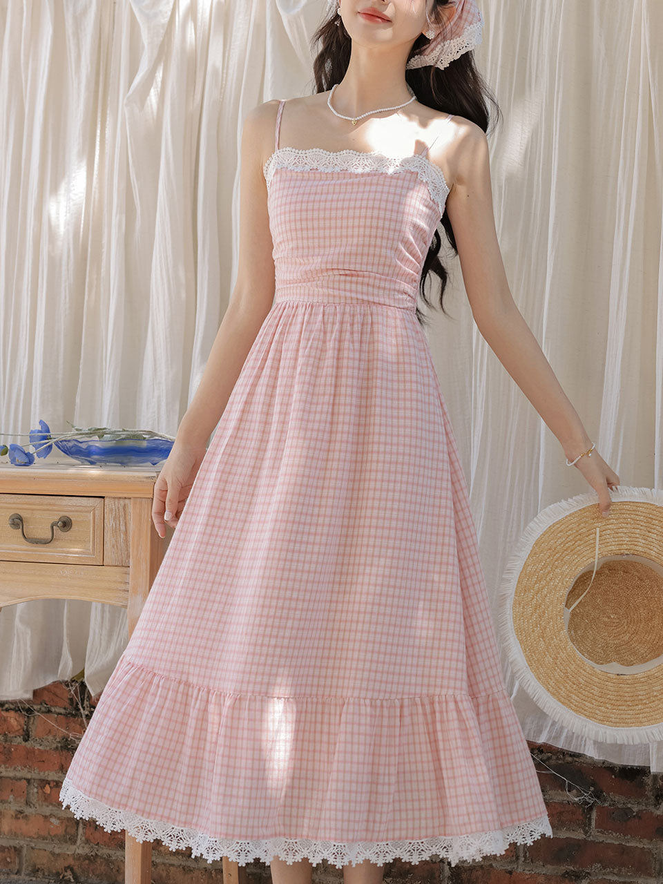 Pink Plaid Bow Lace Strap 1950S Vintage Cottagecore Dress, Pink / M Pink Plaid Bow Lace Strap 1950S Vintage Cottagecore Dress, Pink / M