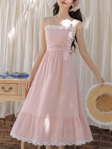 Pink Plaid Bow Lace Strap 1950S Vintage Cottagecore Dress