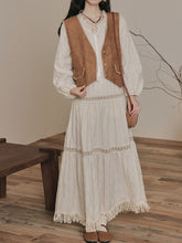 Load image into Gallery viewer, Bohemian White Embroidered Cotton Tassel Hem Maxi Dress with Suede Embroidered Vest Boho Suit