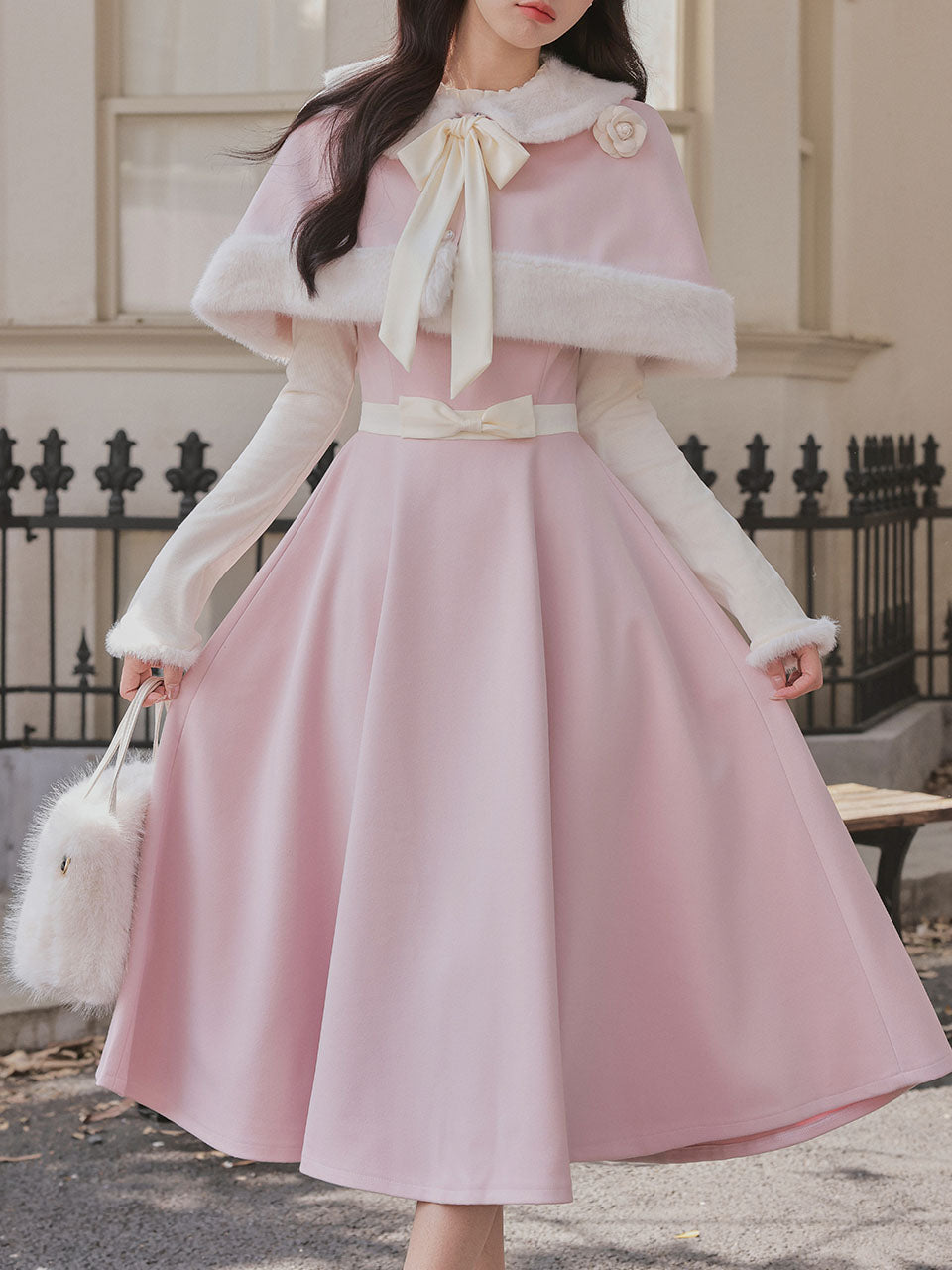 Pink Fluffy Cape Vintage Cottagecore Two-Piece Dress Set Pink / M