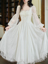Load image into Gallery viewer, White Lace Square Collar Long Sleeve 1950S Vintage Swing Dress