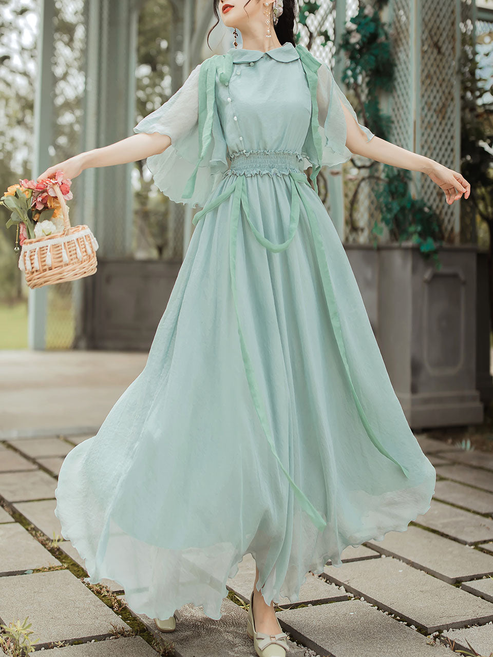 Green Peter Pan Collar Butterfly Sleeve Garden Vintage Dress
