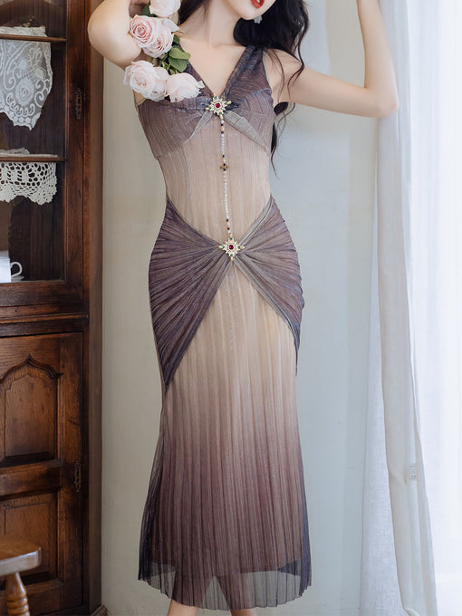 Purple Gradient Deep V-neck Mesh Pleated 1920S Dress