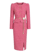 Load image into Gallery viewer, Vintage Pink Tweed Pencil Skirt Suit Dress with Rose Belt