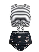 Load image into Gallery viewer, Vintage Inspired High-Waisted Bikini Set with Striped Tie-Front Top