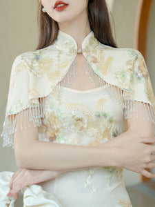 White Cheongsam Fishtail Maxi Dress Prom Dress With Tassel Shawl Cape
