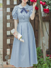 Load image into Gallery viewer, Blue Peter Pan Collar Puff Sleeve Fall 1950S Flower Vintage Dress