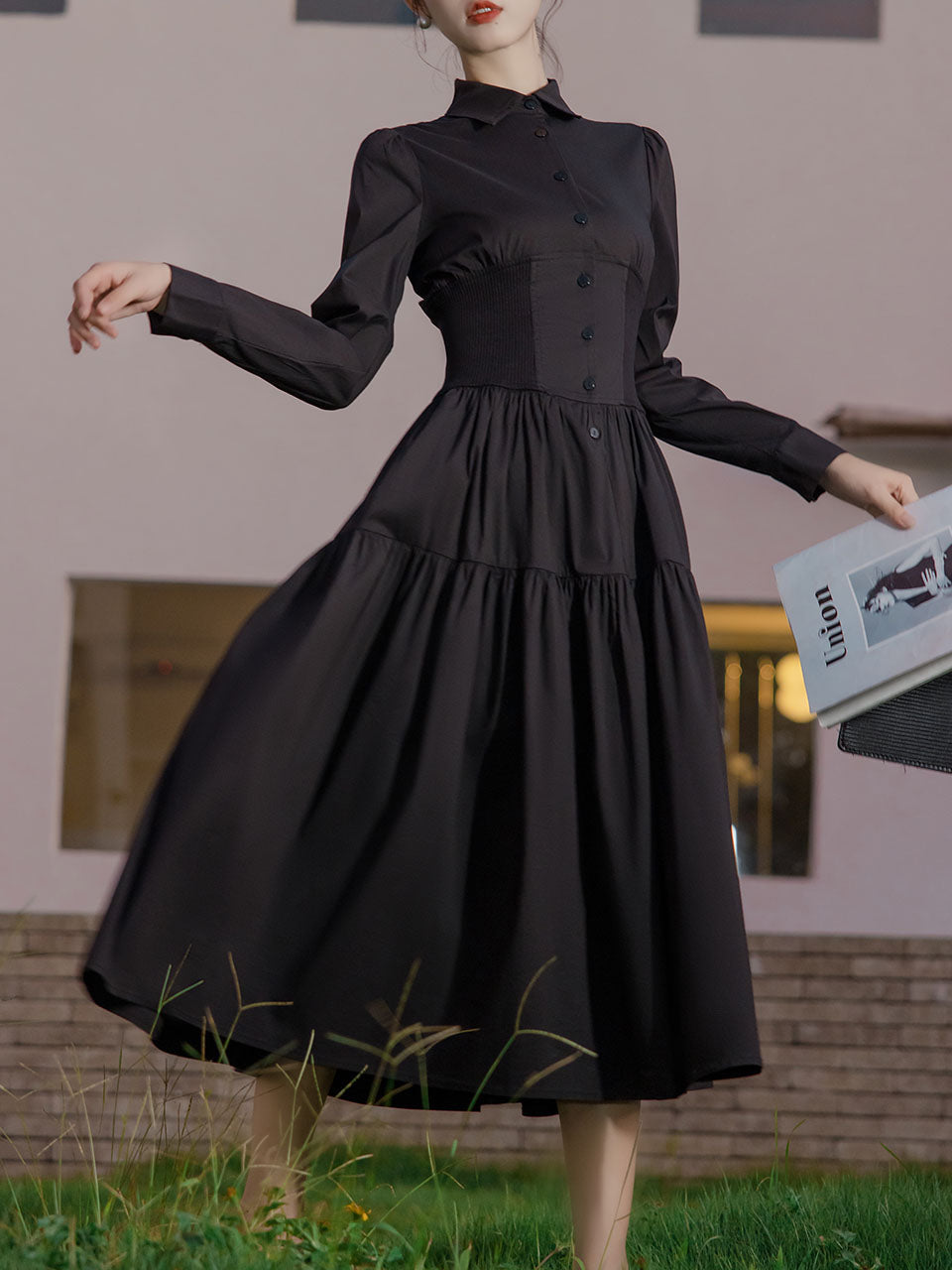 2PS Black Long Sleeve Ruffles Cottagecore Dress With Rose Vest Suits Jolly Vintage 2PS Black Long Sleeve Ruffles Cottagecore Dress With Rose Vest Suits Jolly Vintage