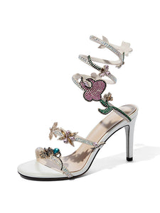 Luxury Strappy Rhinestone Wrap Around Heels Vintage Sandals