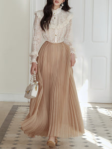 2PS White Victorian Lace Shirt and High Waist Pleated Skirt Vintage Dress Outfit