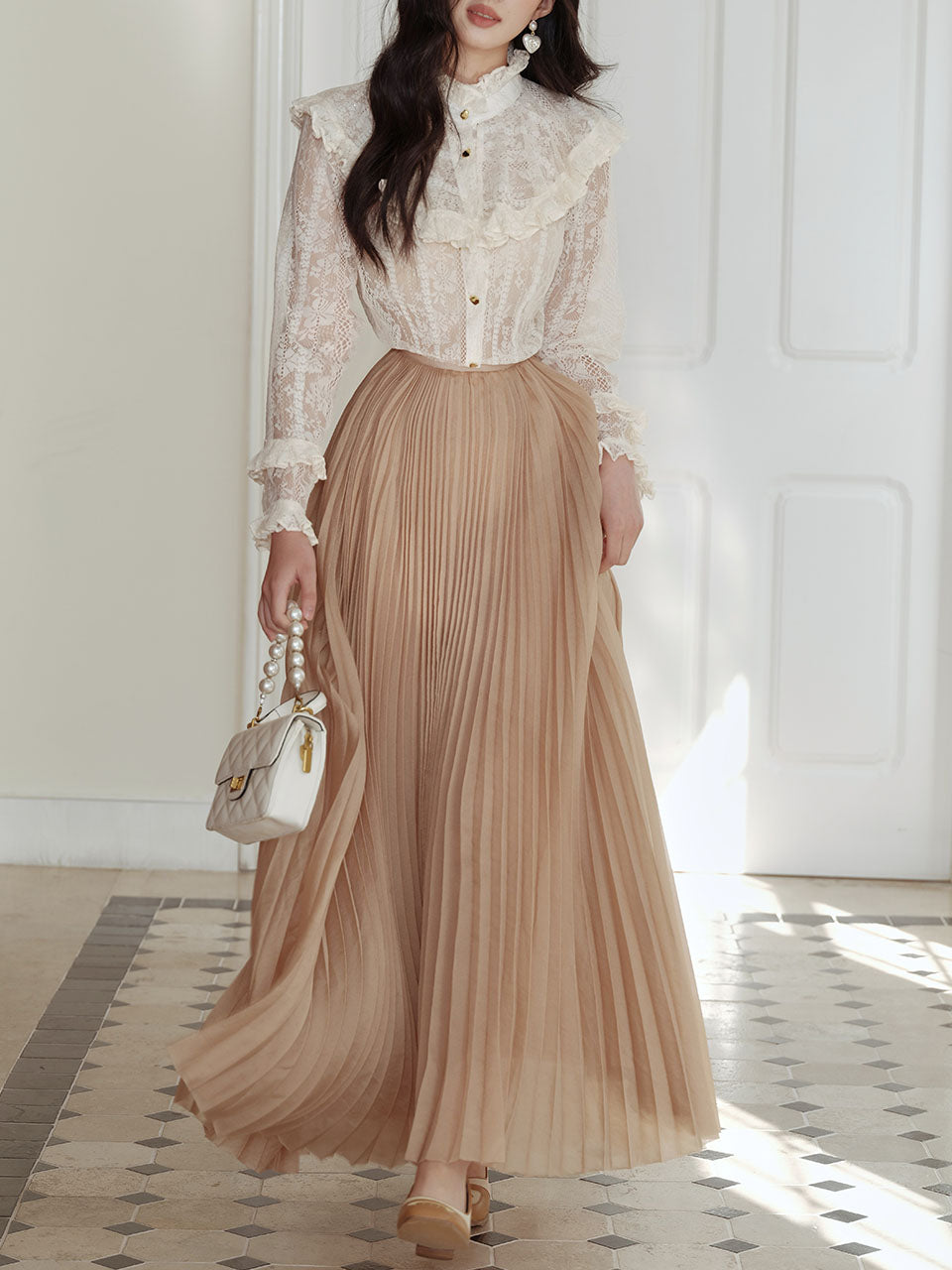 2PS White Victorian Lace Shirt and High Waist Pleated Skirt Vintage Dress Outfit