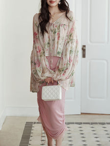 2PS Pink Crush Blouse and High Waist Bodycon Skirt Vintage Dress Outfit
