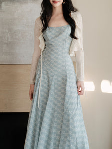 Baby Blue Printed Spaghetti Strap Chiffon Romantic Fishtail Dress and White Cardigan