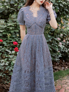 Blue Lace V Neck Puff Sleeve Vintage 1950S Dress