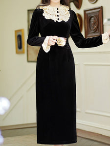 Black Velvet Lace Ruffles Edwardian Revival Dress