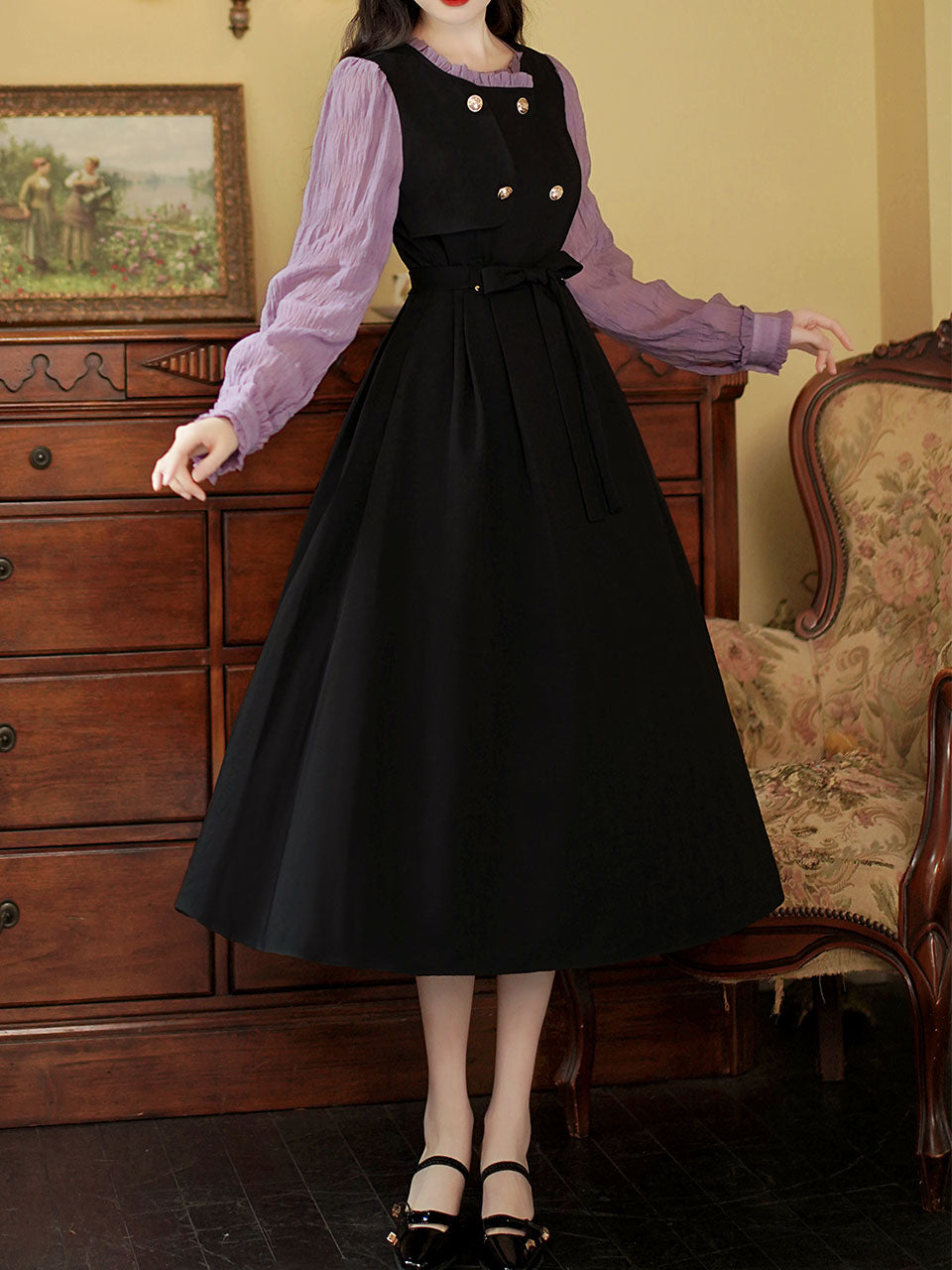 Black and Purple Fake Two Piece Set 1950s Vintage Dress