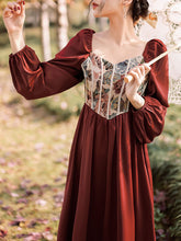 Load image into Gallery viewer, Wine Red Square Collar Floral Print Corset Long Sleeve Vintage 1950S Dress