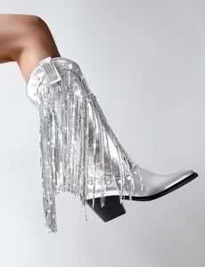 7CM Luxury Silver Fringed Chunky Heel  Boots Vintage Shoes