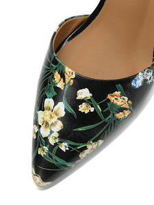 White Floral Print Rhinestone Chunky Heel Vinatge Shoes