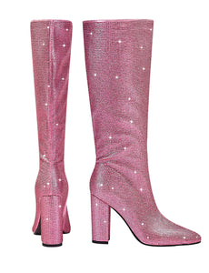 Pink High Heel Pointed Toes Luxury Bling Rhinestone Boots Shoes