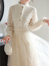 Load image into Gallery viewer, 2PS White Lace Fake Fur Shirt and Sequined Skirt Vintage 1950S Suit