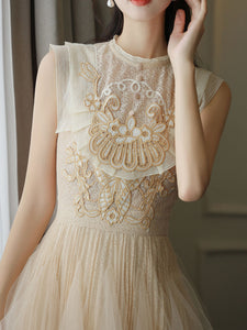 Apricot Embroidered Butterfly Hollow Short Sleeve Lace Mini Dress