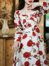 Load image into Gallery viewer, White Sweet Heart Collar Rose Print Long Sleeve Vintage Dress