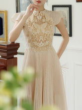 Load image into Gallery viewer, Apricot Embroidered Butterfly Hollow Short Sleeve Lace Dress